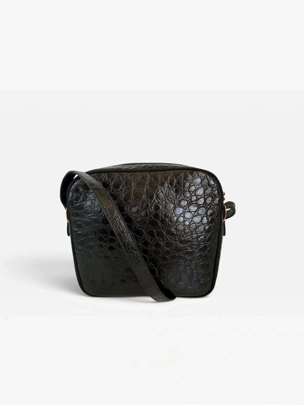 Salvatore Ferragamo Black Croc-Embossed Crossbody with Gold Buckle